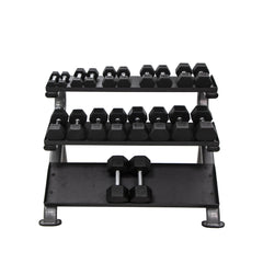 TKO 5-50lb Rubber Hex Straight Handle Dumbbells w/ 3 Tier Shelf Rack S890-SXRA10