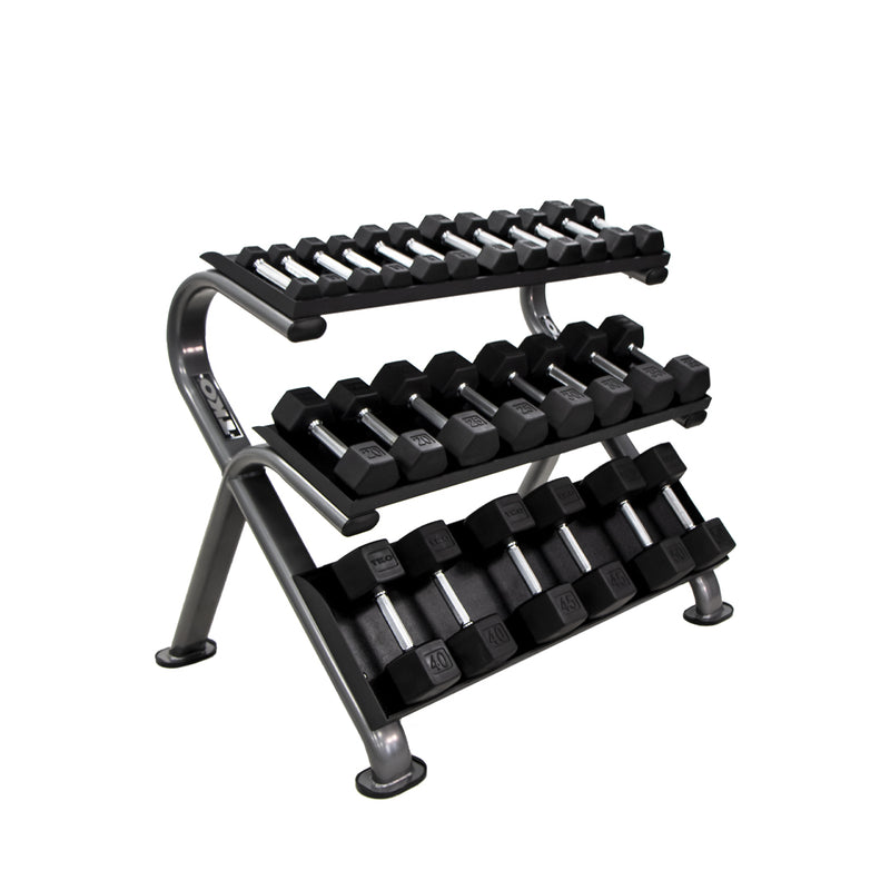 TKO 5-50lb Urethane Hex Tri-Grip Handle Dumbbells W/ 3 Tier Shelf Rack S890-TXUA10