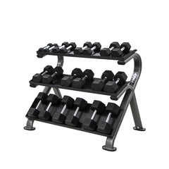 TKO 5-50lb Urethane Hex Tri-Grip Handle Dumbbells W/ 3 Tier Shelf Rack S890-TXUA10