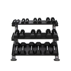 TKO 5-50lb Urethane Hex Tri-Grip Handle Dumbbells W/ 3 Tier Shelf Rack S890-TXUA10