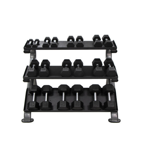 TKO 5-50lb Rubber Hex Tri-Grip Handle Dumbbells W/ 3 Tier Shelf Rack S890-TXRA10