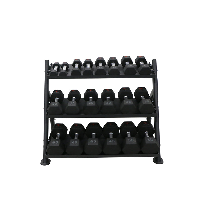 TKO 5-50lb Urethane Hex Tri-Grip Handle Dumbbells W/ 3 Tier Tray Rack S6235-TXUA10