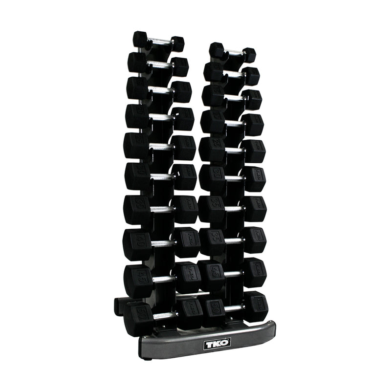 TKO 5-50lb Rubber Hex Tri-Grip Handle Dumbbells W/ 10 Pair Rack S840-TXRA10