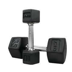 TKO 5-50lb Rubber Hex Tri-Grip Handle Dumbbells W/ 10 Pair Rack S840-TXRA10