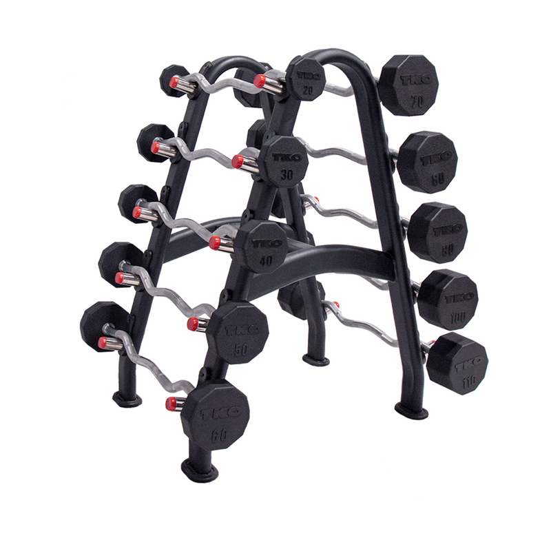 TKO 20-110lb Rubber Curl Barbells W/ 10 Set Rack S846-807TR10