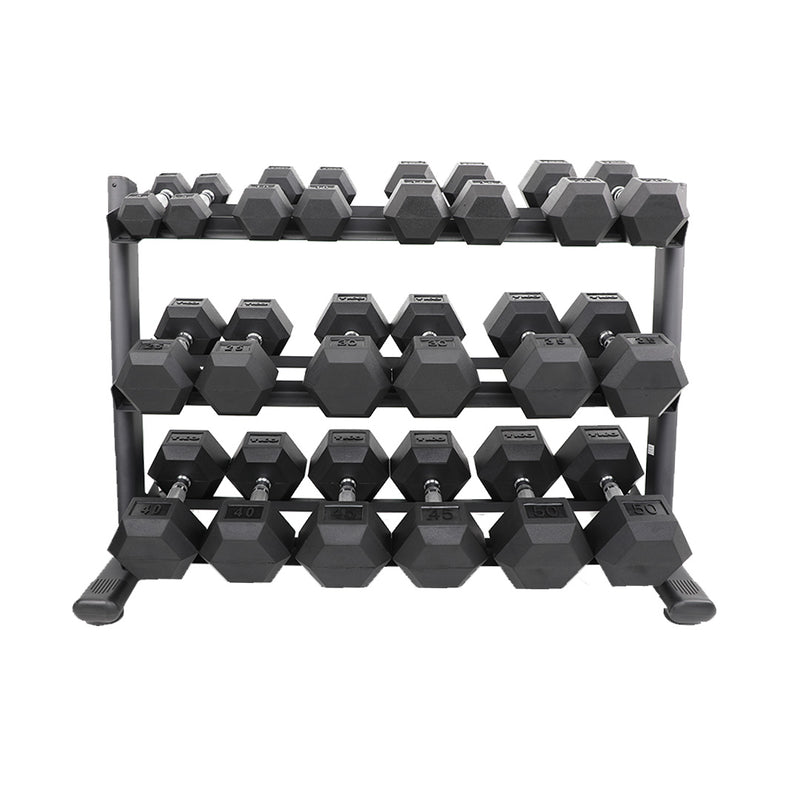 TKO 5-50lb Rubber Hex DB,Contour w/ 3 tier rail rack S6230-RXA10