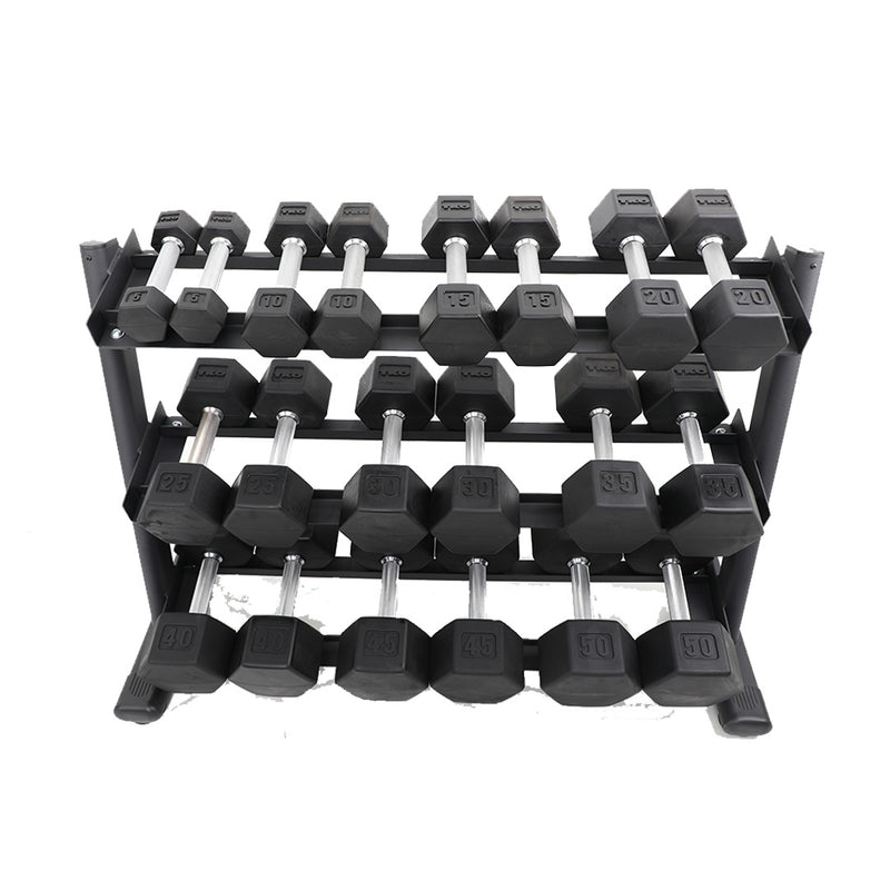 TKO 5-50lb Rubber Hex Straight Handle Dumbbells w/ 3 Tier Rail Rack S6230-SXRA10