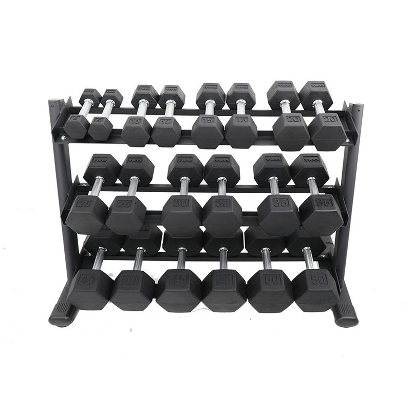 TKO 5-50lb Rubber Hex Tri-Grip Handle Dumbbells W/ 3 Tier Rail Rack S6230-TXRA10