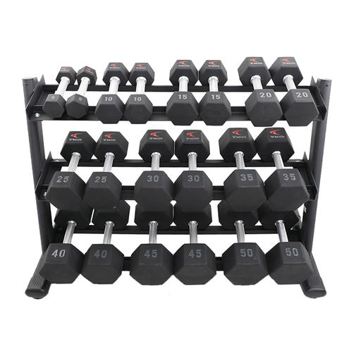 TKO 5-50lb Urethane Hex Tri-Grip Handle Dumbbells W/ 3 Tier Rail Rack S6230-TXUA10